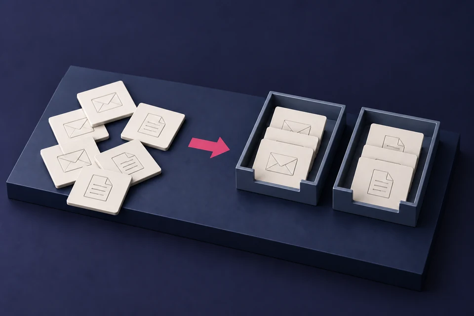 Separate document inputs pass through a connected process into organised outputs.