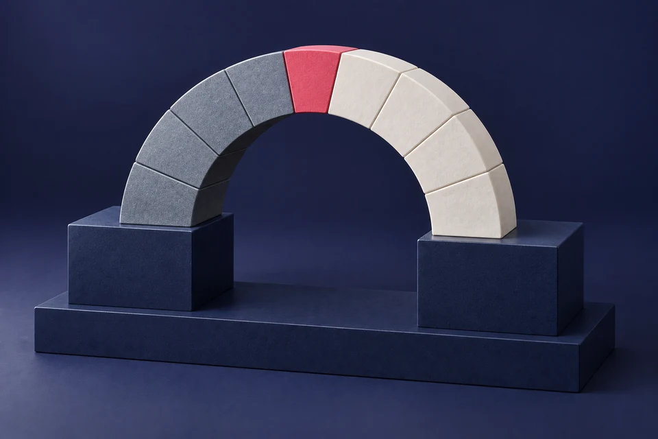 Two complementary bridge structures meet at a pink joint supporting a shared document.