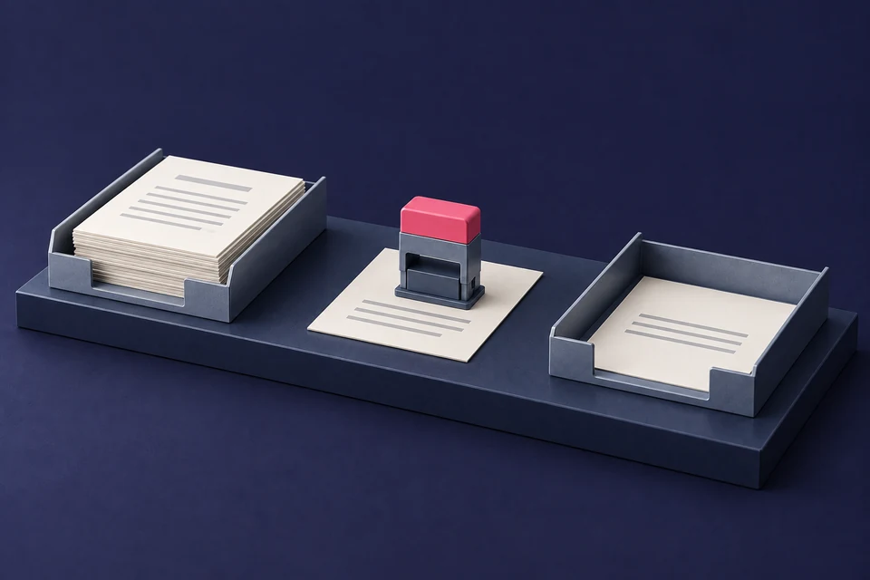 Three crowded document channels converge at one narrow processing slot.
